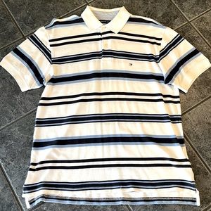 Tommy Hilfiger polo with white dark blue and light blue stripes